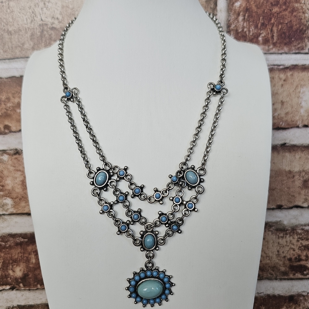 Nina Ricci for Avon Necklace Blue Cabochon Silver Tone Layered Victorian Revival